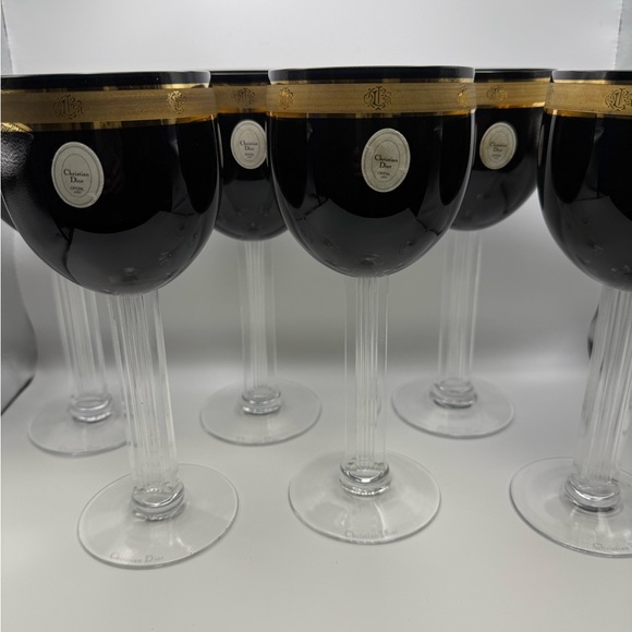 6 Vintage Christian Dior Ebony Gold Wine Crystal Stemware Japan - Picture 2 of 9